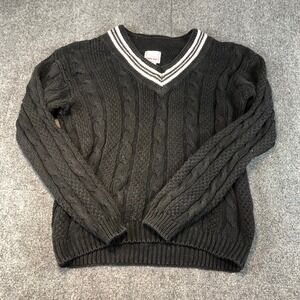 VTG 80s Body Equip Black Cable Knit V-Neck Sweater Ramie Mens Medium Hong Kong
